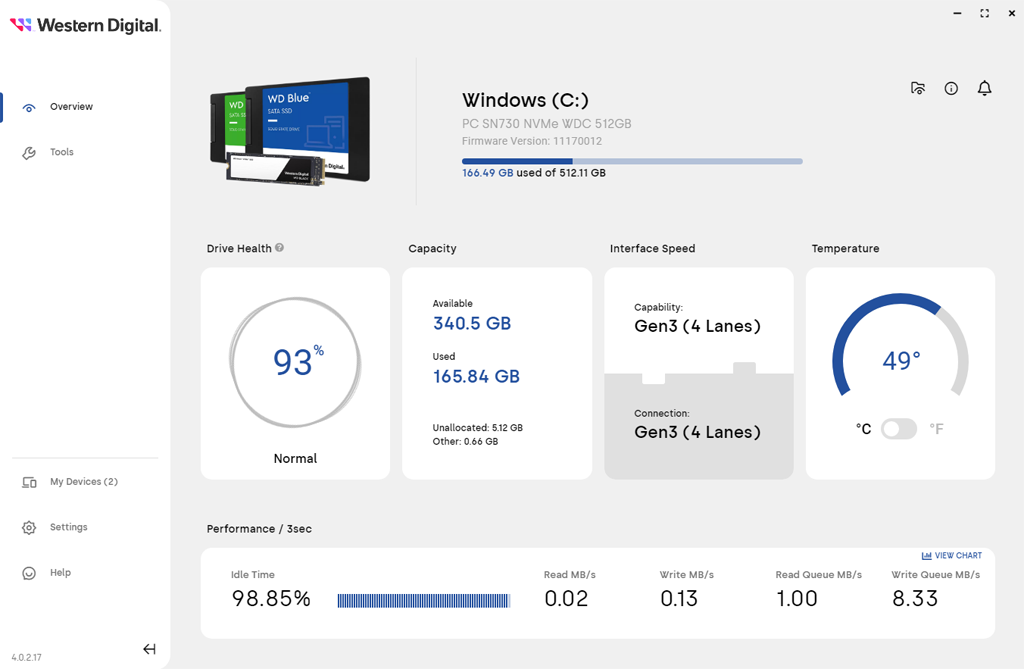 Western Digital Dashboard zur Diagnose von SSDs (Bild: Western Digital).