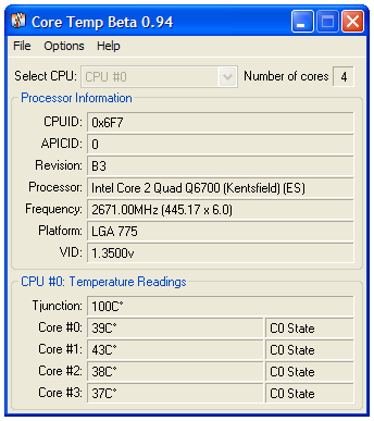 Temperaturmessungen mit Core Temp beim neuen Core 2 Extreme QX6700 (aktiviertes C1E und EIST).