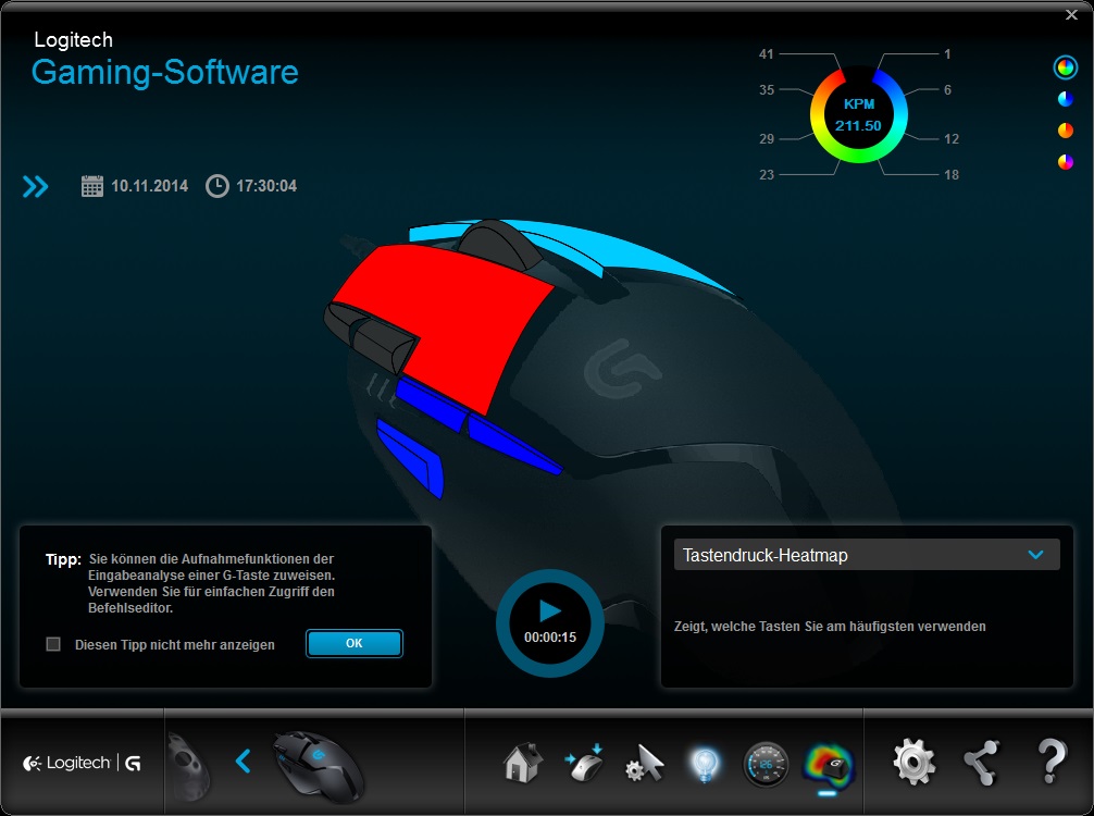 Die Tastenbelegung der Logitech G402 sind relativ frei anpassbar.<br />Mit der Software kann das Klickverhalten des Nutzers ausgelesen werden.