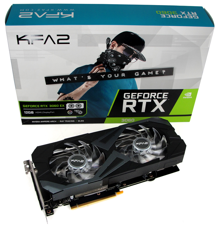 Die KFA2 GeForce RTX 3060 EX (1-Click OC) ist eine der wenigen, verfügbaren Ampere-Grafikkarten am Markt.