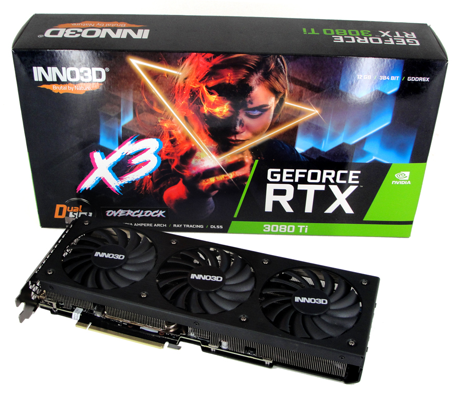 Die INNO3D GeForce RTX 3080 Ti X3 OC Grafikkarte samt Verpackung auf einen Blick.