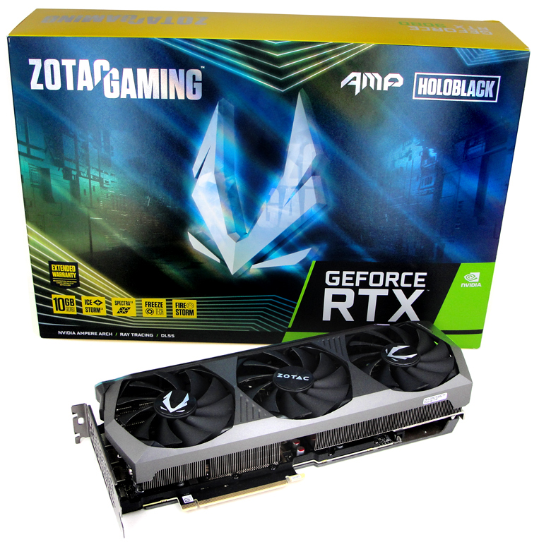 Die ZOTAC GeForce RTX 3080 AMP Holo Grafikkarte samt Verpackung auf einen Blick.