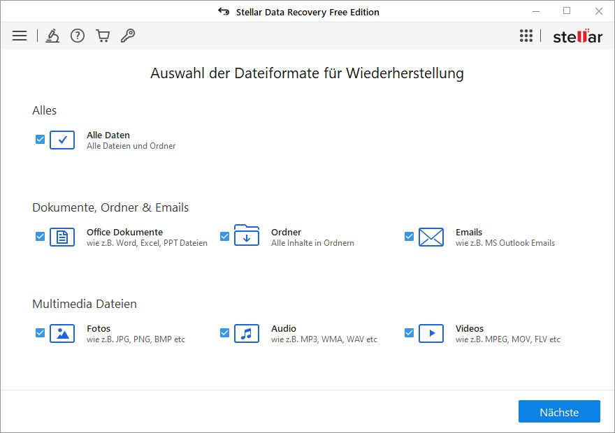 Mit der Auswahl der gesuchten Dateiformate beginnt die Wiederherstellung