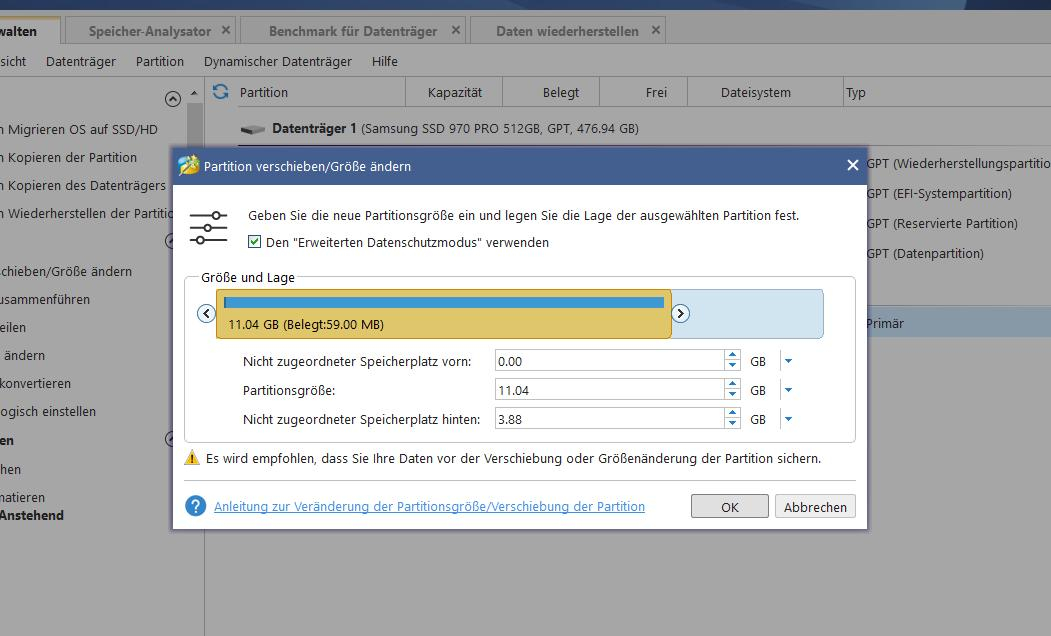 Verschiedene Modifikationen an einer Partition haben wir im Test durchgespielt.