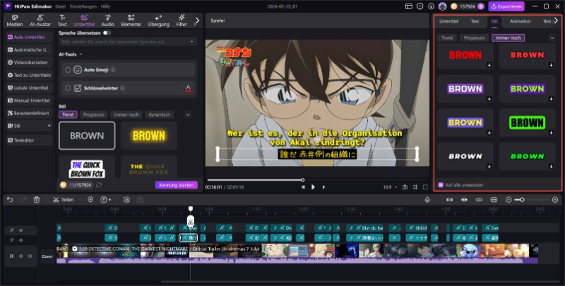 Passe Schriftart, Farbe, Position und Animation der Untertitel an.